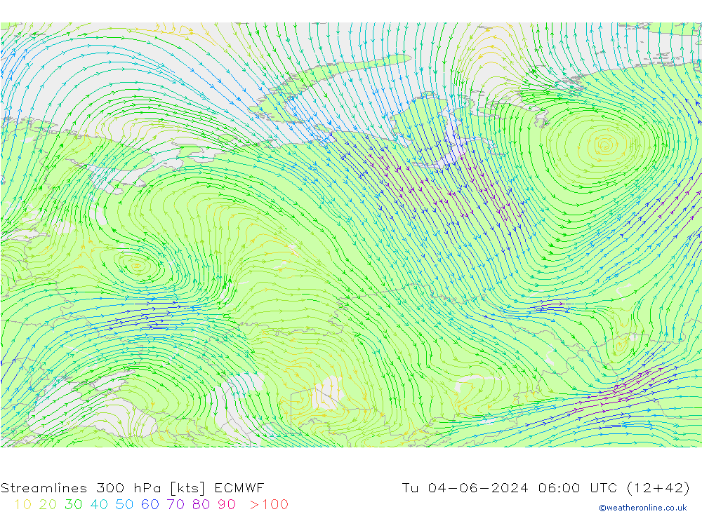 Streamlines 300 hPa ECMWF Tu 04.06.2024 06 UTC
