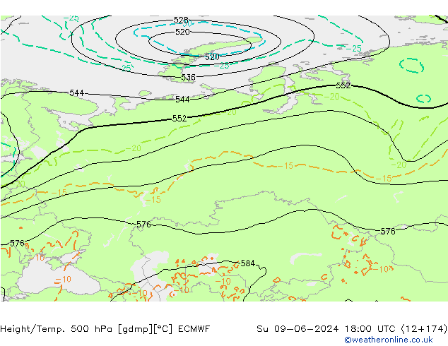 Hoogte/Temp. 500 hPa ECMWF zo 09.06.2024 18 UTC