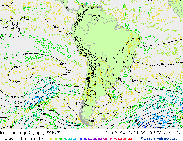 Isotachs (mph) ECMWF Вс 09.06.2024 06 UTC