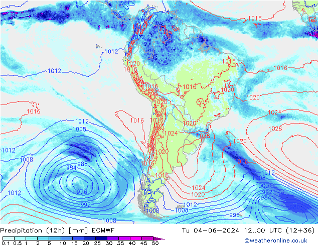 Precipitation (12h) ECMWF Út 04.06.2024 00 UTC