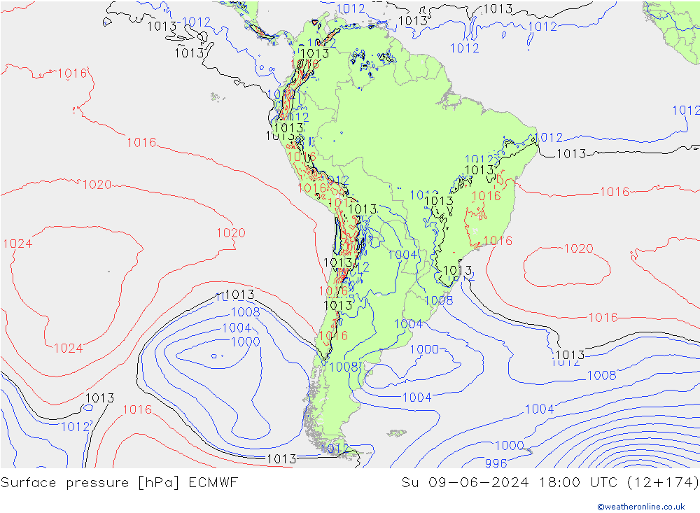 Presión superficial ECMWF dom 09.06.2024 18 UTC