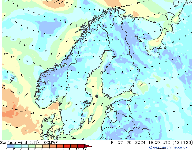 Vento 10 m (bft) ECMWF Sex 07.06.2024 18 UTC