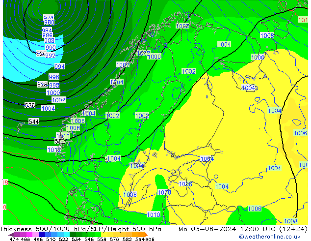 Espesor 500-1000 hPa ECMWF lun 03.06.2024 12 UTC