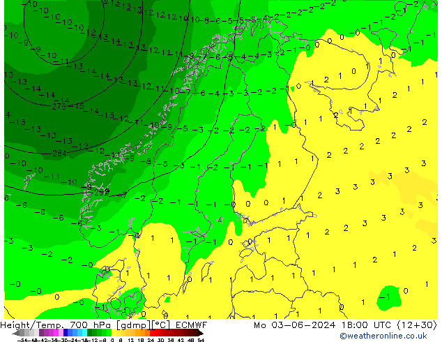 Height/Temp. 700 hPa ECMWF Mo 03.06.2024 18 UTC