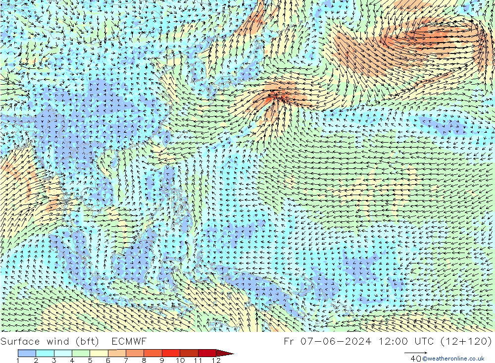 Surface wind (bft) ECMWF Fr 07.06.2024 12 UTC