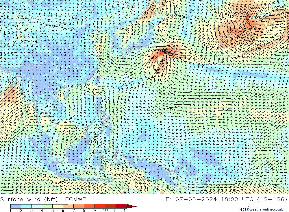 Wind 10 m (bft) ECMWF vr 07.06.2024 18 UTC