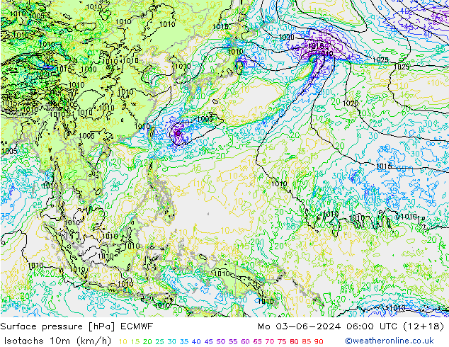 Isotachs (kph) ECMWF Mo 03.06.2024 06 UTC