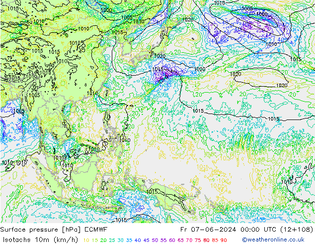 Eşrüzgar Hızları (km/sa) ECMWF Cu 07.06.2024 00 UTC