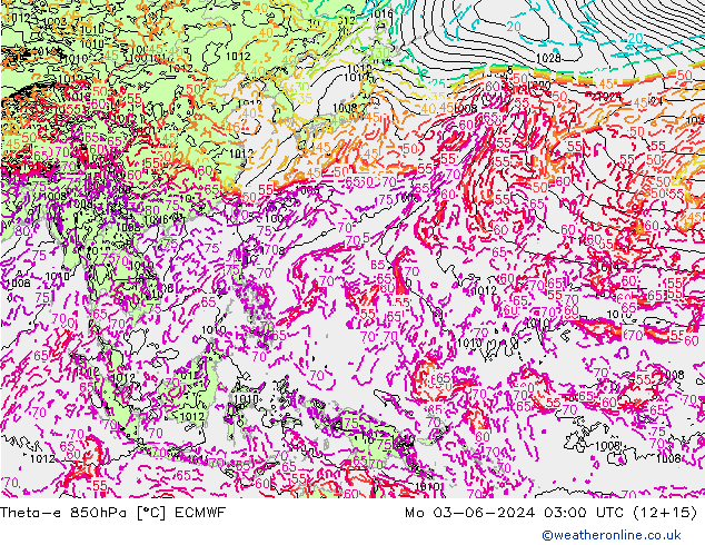 Theta-e 850hPa ECMWF pon. 03.06.2024 03 UTC