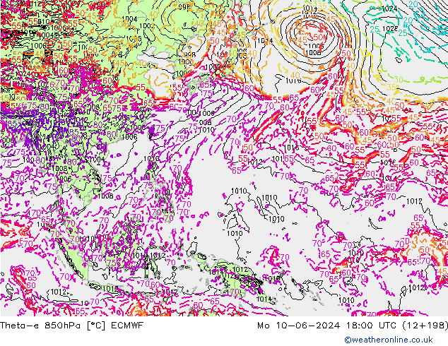 Theta-e 850hPa ECMWF ma 10.06.2024 18 UTC