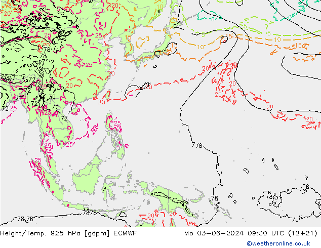 Geop./Temp. 925 hPa ECMWF lun 03.06.2024 09 UTC
