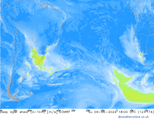 Deep layer shear (0-1km) ECMWF Dom 09.06.2024 18 UTC