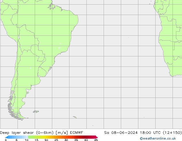 Deep layer shear (0-6km) ECMWF Cts 08.06.2024 18 UTC