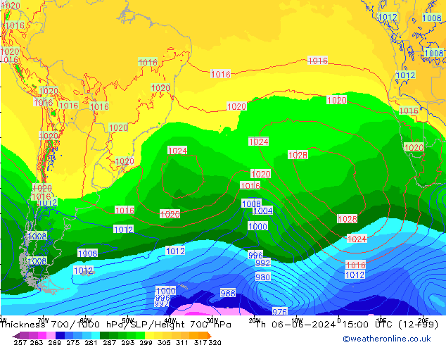 Espesor 700-1000 hPa ECMWF jue 06.06.2024 15 UTC