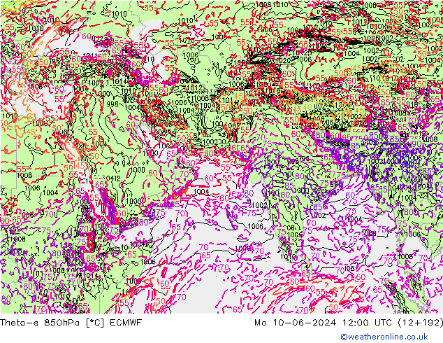 Theta-e 850hPa ECMWF pon. 10.06.2024 12 UTC