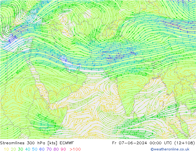 Streamlines 300 hPa ECMWF Fr 07.06.2024 00 UTC