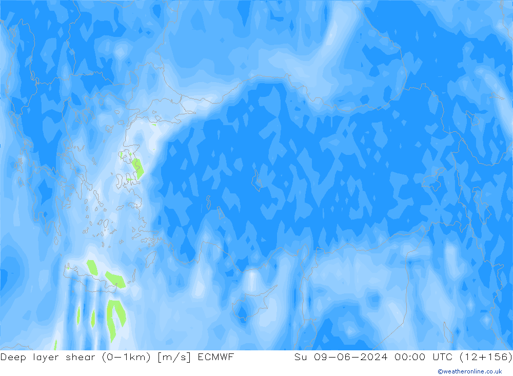 Deep layer shear (0-1km) ECMWF Paz 09.06.2024 00 UTC