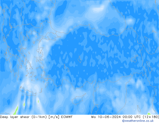 Deep layer shear (0-1km) ECMWF Mo 10.06.2024 00 UTC