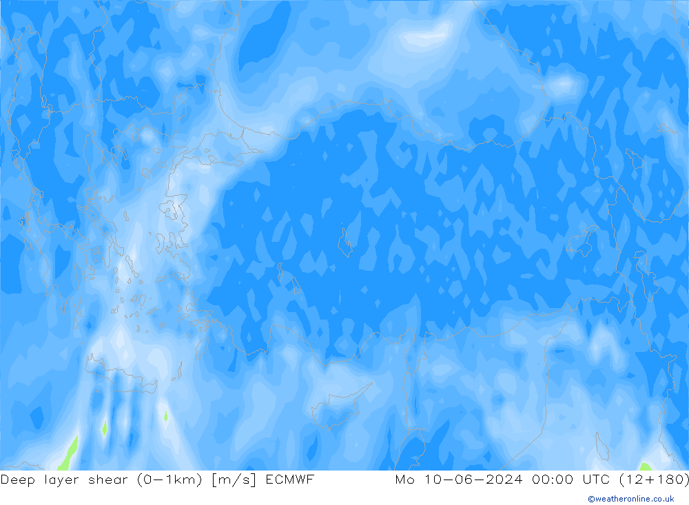 Deep layer shear (0-1km) ECMWF lun 10.06.2024 00 UTC