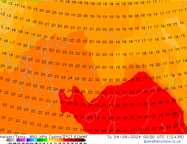 Height/Temp. 850 hPa ECMWF Tu 04.06.2024 00 UTC