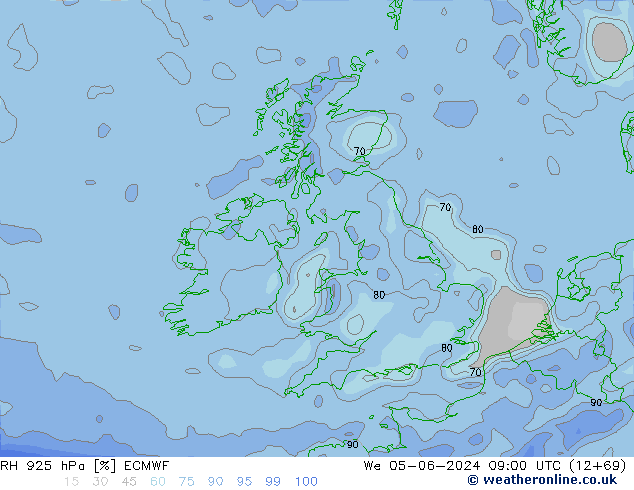 Humidité rel. 925 hPa ECMWF mer 05.06.2024 09 UTC