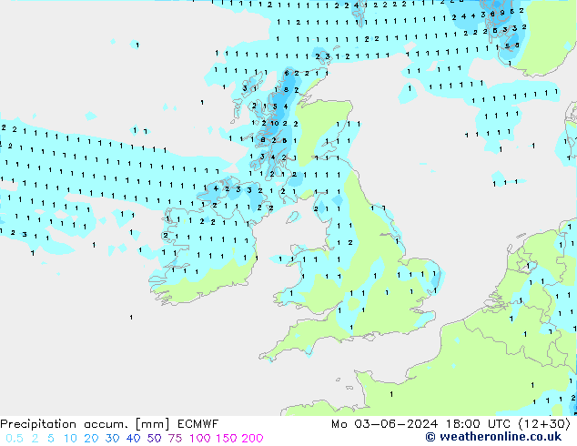 Precipitation accum. ECMWF Mo 03.06.2024 18 UTC