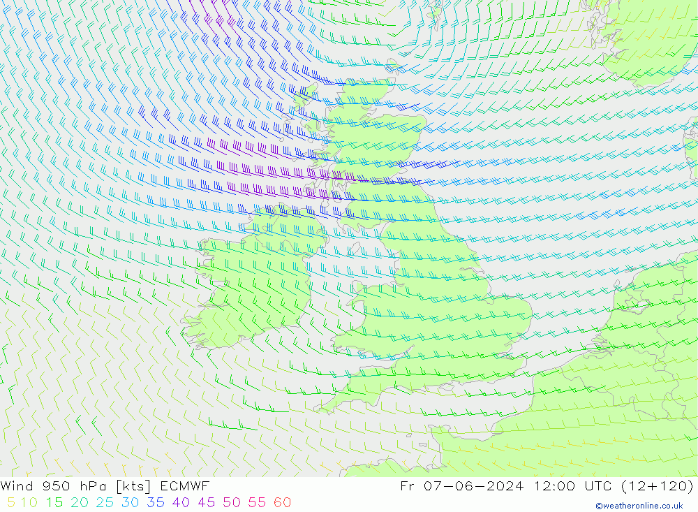 Rüzgar 950 hPa ECMWF Cu 07.06.2024 12 UTC