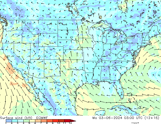 Bodenwind (bft) ECMWF Mo 03.06.2024 03 UTC