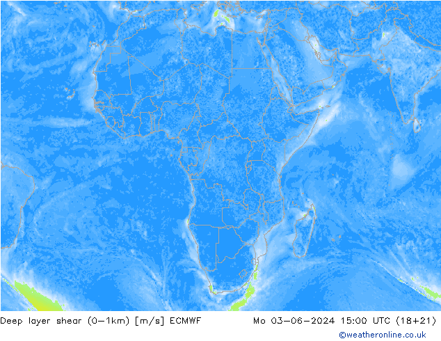 Deep layer shear (0-1km) ECMWF pon. 03.06.2024 15 UTC