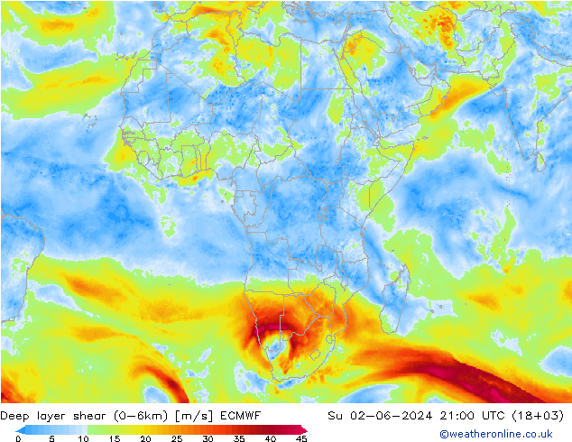 Deep layer shear (0-6km) ECMWF Paz 02.06.2024 21 UTC