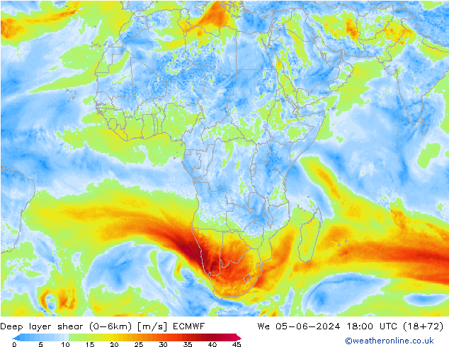 Deep layer shear (0-6km) ECMWF śro. 05.06.2024 18 UTC