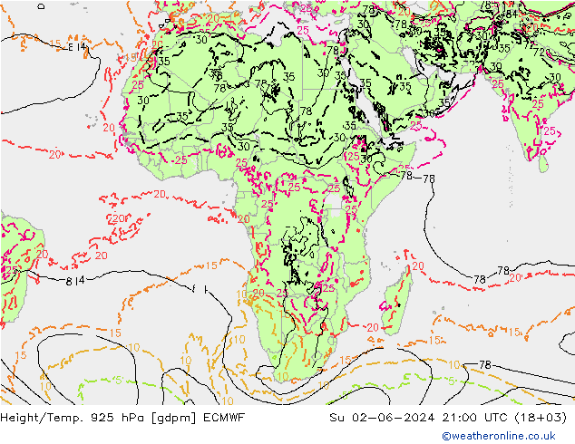 Yükseklik/Sıc. 925 hPa ECMWF Paz 02.06.2024 21 UTC