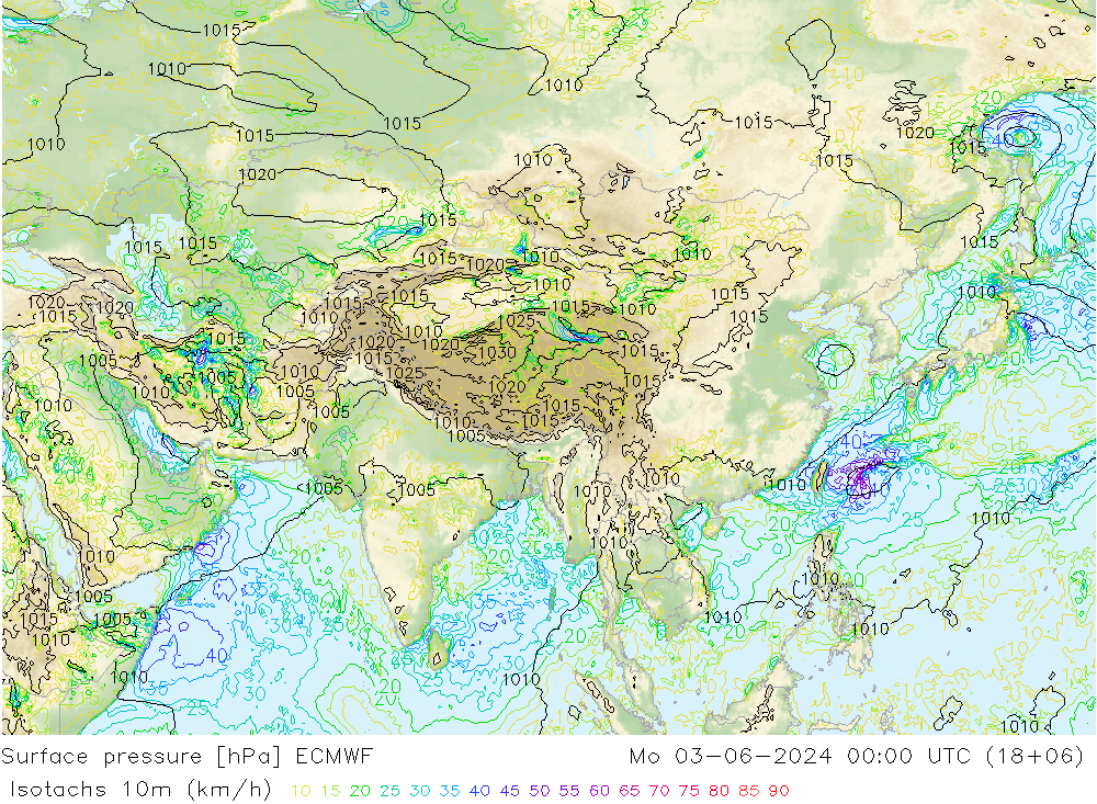 Isotachs (kph) ECMWF Mo 03.06.2024 00 UTC