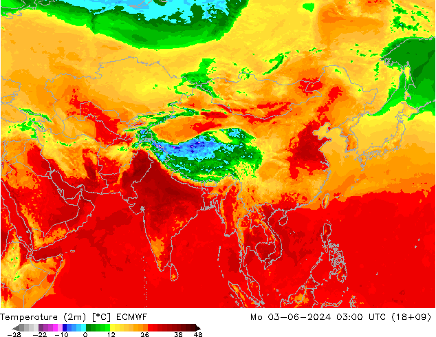 Temperatuurkaart (2m) ECMWF ma 03.06.2024 03 UTC