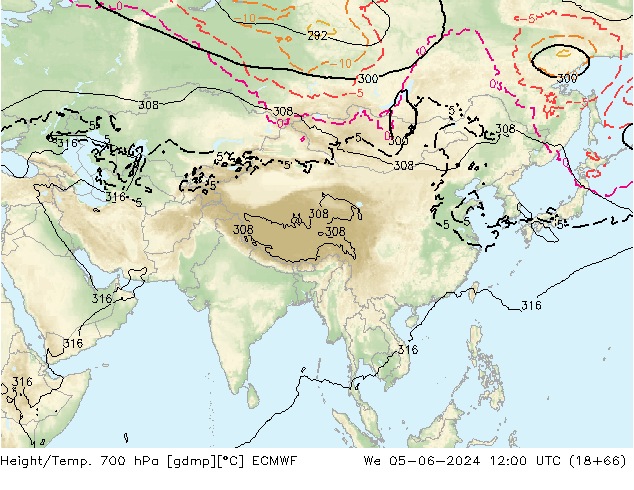 Height/Temp. 700 hPa ECMWF mer 05.06.2024 12 UTC