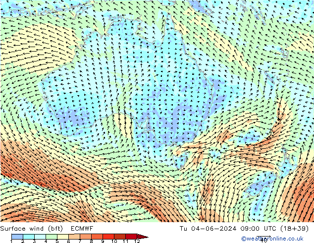 Surface wind (bft) ECMWF Tu 04.06.2024 09 UTC