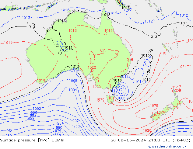 Atmosférický tlak ECMWF Ne 02.06.2024 21 UTC