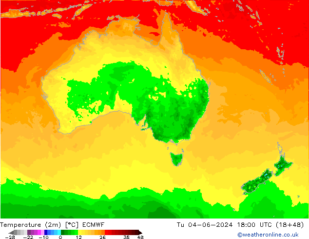 Temperature (2m) ECMWF Tu 04.06.2024 18 UTC