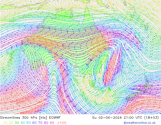 Stroomlijn 300 hPa ECMWF zo 02.06.2024 21 UTC
