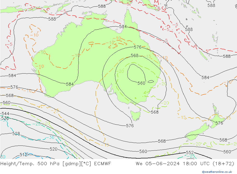 Height/Temp. 500 hPa ECMWF śro. 05.06.2024 18 UTC