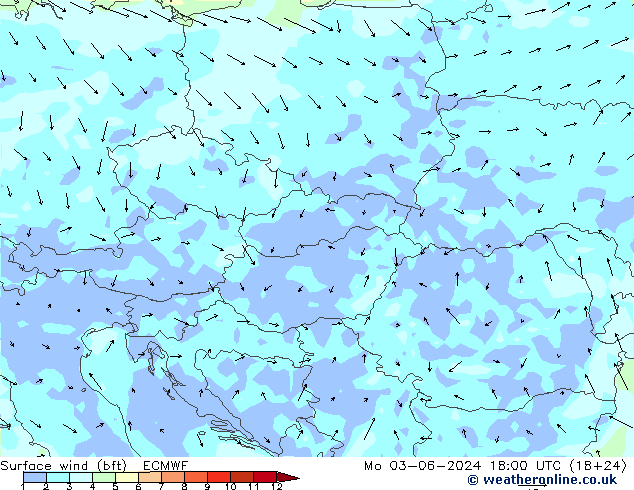 Vento 10 m (bft) ECMWF Seg 03.06.2024 18 UTC