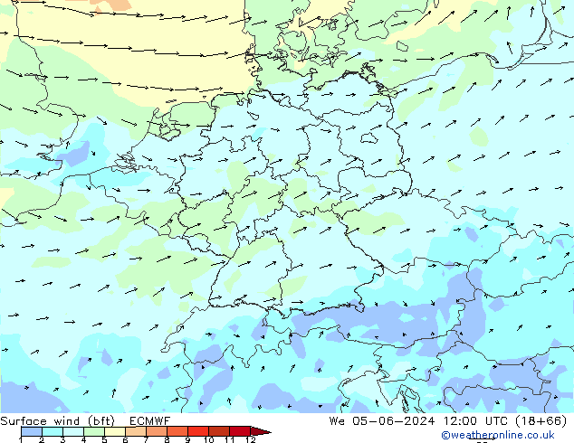 Surface wind (bft) ECMWF We 05.06.2024 12 UTC