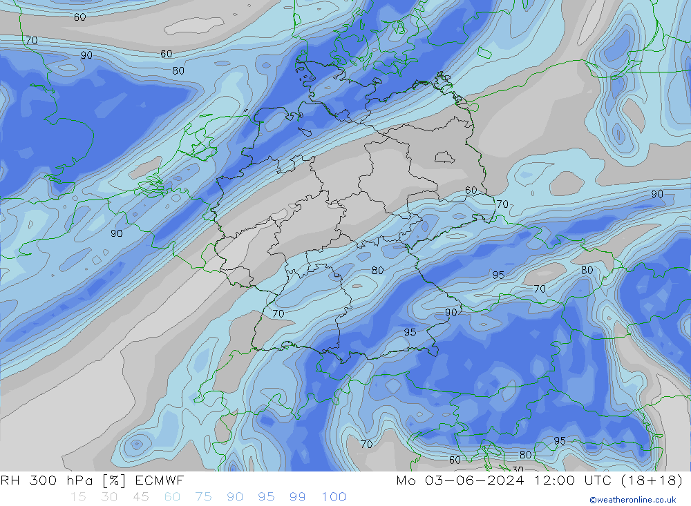 Humidité rel. 300 hPa ECMWF lun 03.06.2024 12 UTC