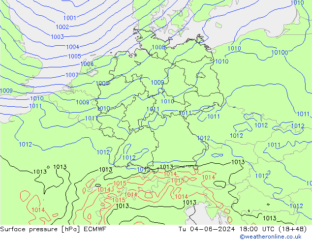 Surface pressure ECMWF Tu 04.06.2024 18 UTC