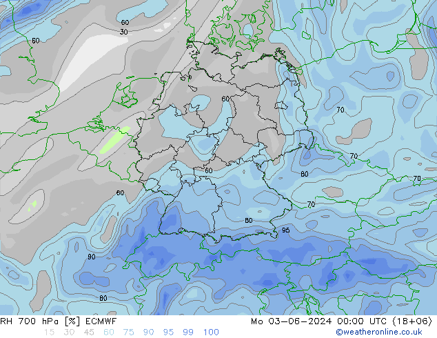 Humedad rel. 700hPa ECMWF lun 03.06.2024 00 UTC