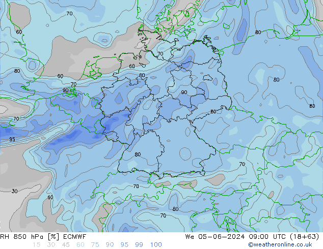 RH 850 hPa ECMWF mer 05.06.2024 09 UTC