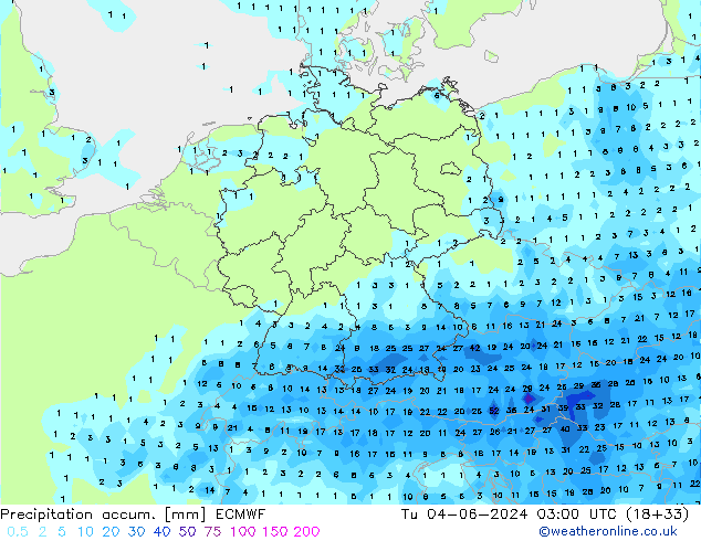Precipitation accum. ECMWF Tu 04.06.2024 03 UTC
