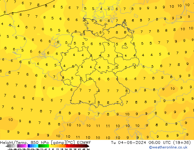 Height/Temp. 850 гПа ECMWF вт 04.06.2024 06 UTC