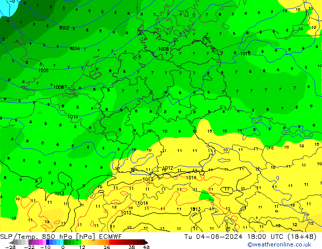 SLP/Temp. 850 hPa ECMWF Di 04.06.2024 18 UTC