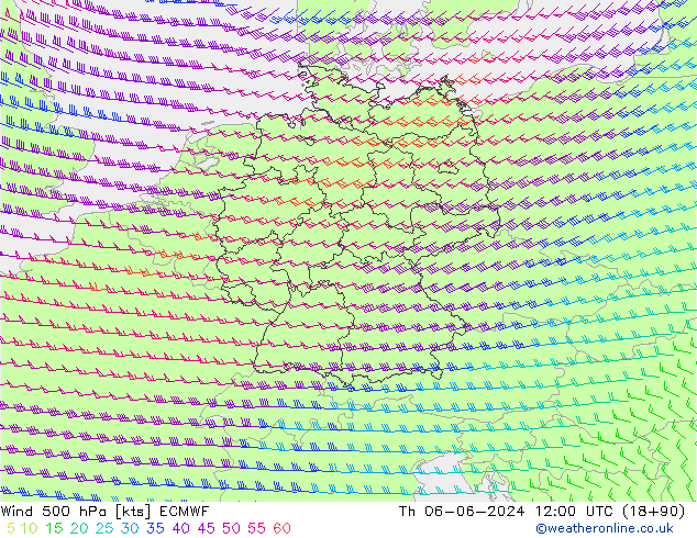 Vento 500 hPa ECMWF gio 06.06.2024 12 UTC